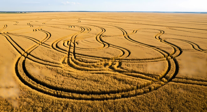 Aerial view of golden wheat field with tractor tracks