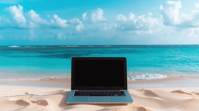 Laptop resting on white sandy beach with turquoise ocean and blue sky background, representing remote work and digital nomad lifestyle
