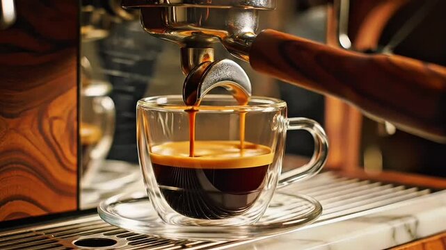 Rich andromatic espresso being brewed and poured into a clear glass cup
