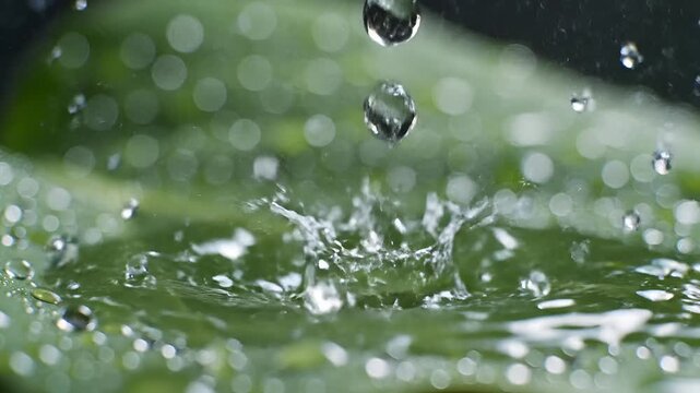 Macro shot of water droplets falling onto a green leaf surface.