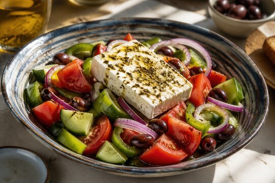 Choriatiki Bauernsalat mit Feta in Keramiksch&uuml;ssel
Choriatiki Bauernsalat mit Feta, Tomaten, Gurke, Paprika, roten Zwiebeln und Oliven in stimmungsvoller Foodfotografie.