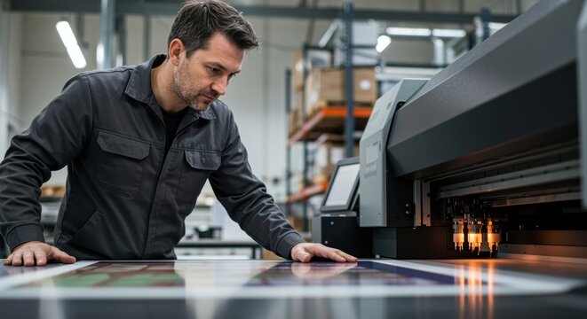 man operating digital printer producing large format material in factory