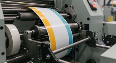 Obraz premium Printing machine producing colorful labels with yellow and blue stripes in factory