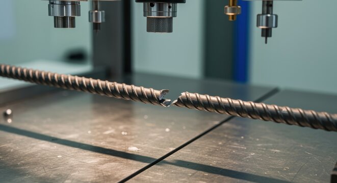 Steel rod undergoing tensile test with industrial machinery in laboratory setting