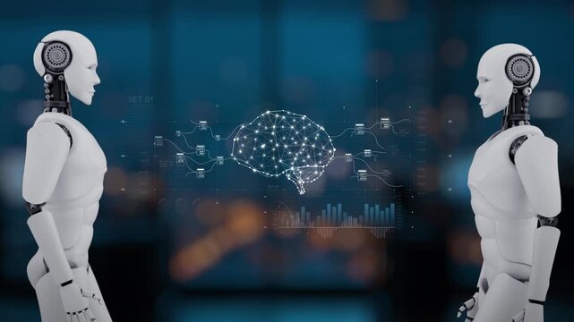 Two humanoid robots engage in a futuristic dialogue, surrounded by a digital brain network, highlighting concepts of artificial intelligence and machine learning. Synapse