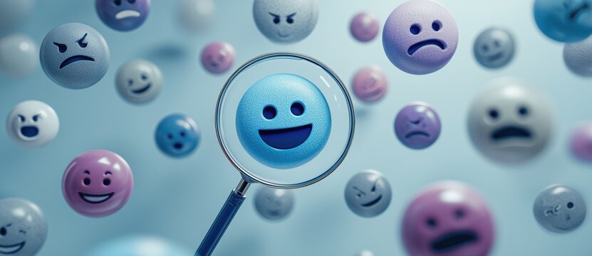 centered in the frame, a magnifying glass magnifies a bright blue smiley face emoji around this focal point, numerous circular emojis displaying various expressions like anger, happiness Generative AI