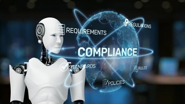 A futuristic robot model stands against a digital backdrop, embodying themes of compliance with visual representations of regulations, standards, and policies. Synapse