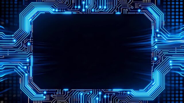 Glowing blue circuit board pattern with rectangular frame on dark background