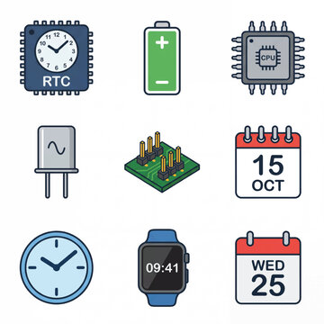 Collection of electronic components and timekeeping devices icons.