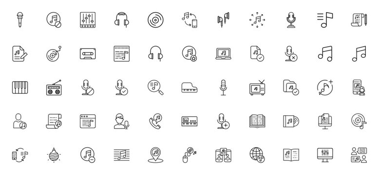 Music icon set. Vector music symbols collection. Includes microphone, headphones, piano, radio, CD, equalizer, disco ball and more. Editable stroke line icons.