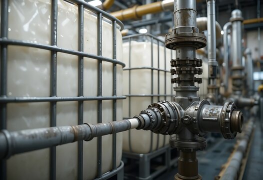 industrial pipeline system in modern manufacturing plant with valves and gauges. ibc container