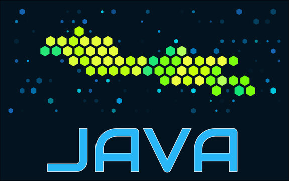 Java hexagon dots map. Indonesia. Digital style shape of the island. Java map and title. Large green colored hexagons, sparse blue dots at background. Vector Illustration.
