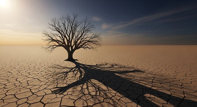 "Dramatic landscape of a solitary leafless tree standing on cracked dry earth in a barren desert, long dark shadow stretching across the ground, golden sunrise or sunset in the background, desolate an