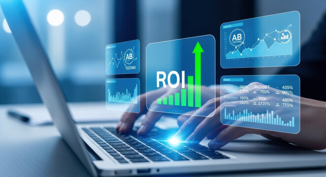 ROI strategy marketing performance, budget allocation, ROAS tracking, A/B testing insights, advertising analysis business growth, KPI dashboard optimization, digital metrics, ROI Performance Dashboard