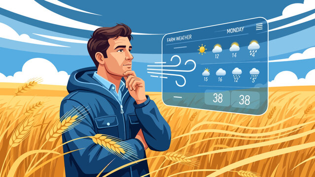 Man looking at weather forecast screen.