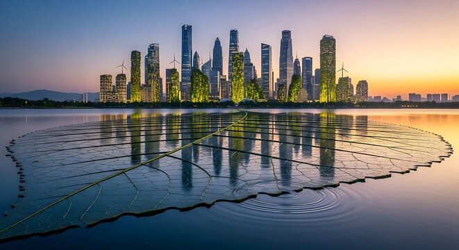 Futuristic floating city skyline on calm water, circular ripple patterns, golden sunset glow, sleek modern architecture, ultra-detailed, cinematic view