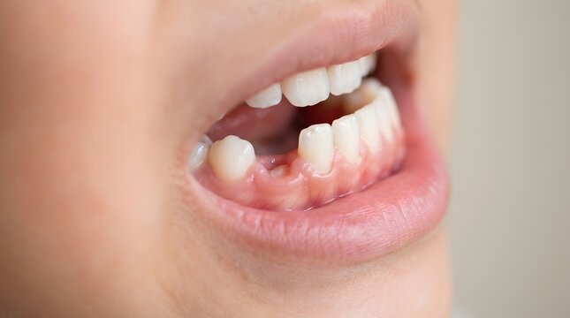 Close up of a child mouth showing a missing lower tooth with healthy pink gums and white teeth