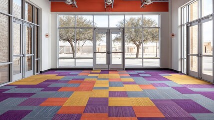 Fototapeta premium Modern interior with colorful geometric carpet and natural light