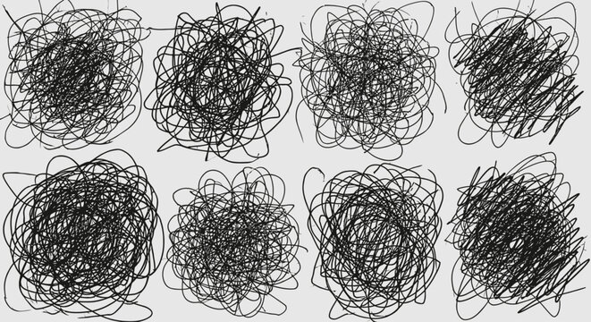 A series of four dense, chaotic scribble patterns in black ink, creating a high-contrast and expressive texture that mimics frantic drawing, tangled threads, or abstract conceptual art backgrounds.