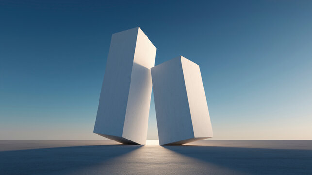 Two Leaning White Rectangular Prisms Against a Clear Blue Sky