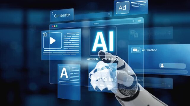 A futuristic robot hand engages with digital screens, highlighting various artificial intelligence elements such as chatbots, generators, and data analytics tools. Synapse