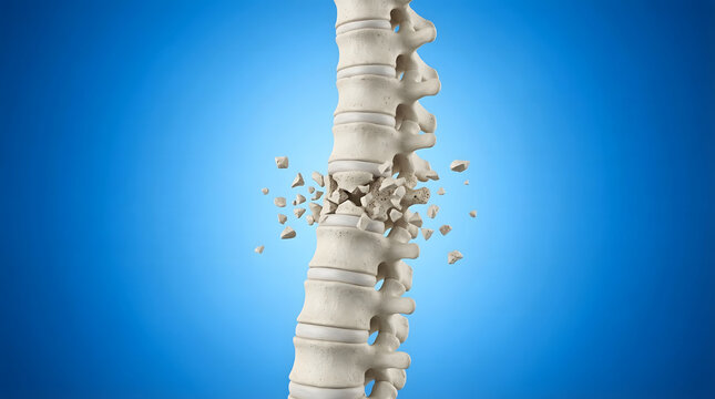 Human spine with fractured vertebra illustrating bone health issues