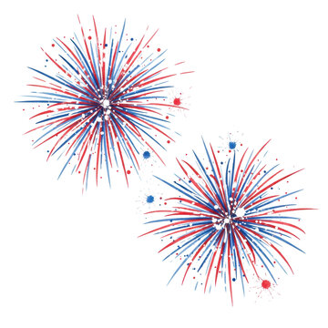 two highly detailed watercolor paintings of dynamic red and blue fireworks explosions with crisp brushstrokes and hyperrealistic paper texture, isolated on a transparent background, concept for