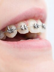 Fototapeta premium Close up of Teeth with Metal Braces for Orthodontic Treatment and Dental Health