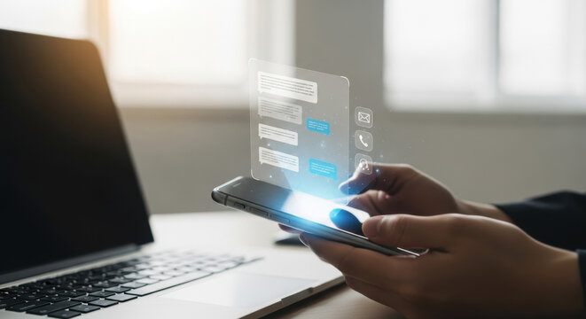 Chatbot conversation virtual assistant. Person using online customer service with chat bot to get support, Artificial intelligence and CRM software technology, customer support center, Contact Us