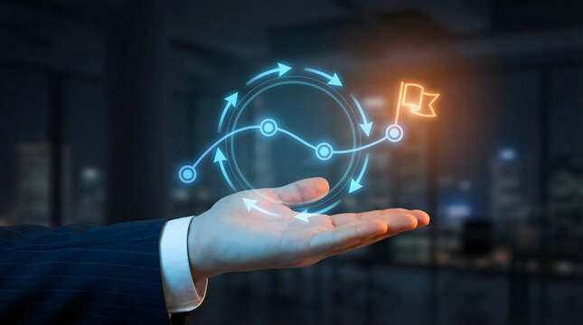 Businessman holding a holographic chart showing a strategic path to achieve a business goal
