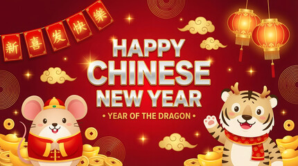 Fototapeta premium Happy Chinese New Year celebration with adorable mouse and tiger characters on a festive red background