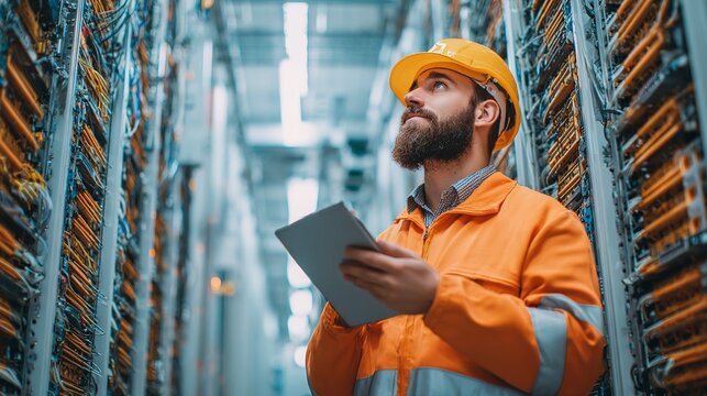 Data Center Technician: A focused technician wearing a hard hat and safety vest inspects server racks in a modern data center, holding a tablet to record information.