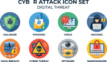 Fototapeta premium Cyber attack icon set featuring digital threat elements including malware, phishing email, virus, hacking, data breach, cyber threat, spyware, and ransomware. Flat vector illustration isolated white