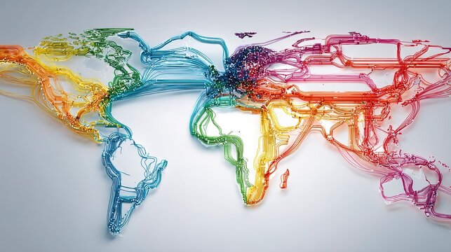Global Connections in Vibrant Hues: A stylized, colorful depiction of the world map, with continents outlined in a spectrum of bright, interconnected lines, symbolizing global networks and diversity.