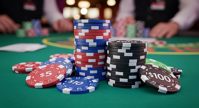 Poker Chips Stacked on Green Table.