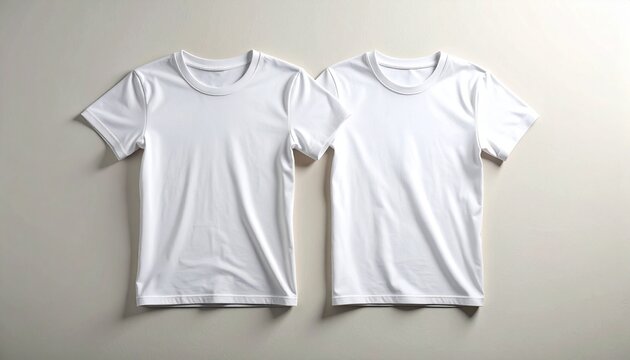 Two white t-shirts laid flat on a neutral surface side by side