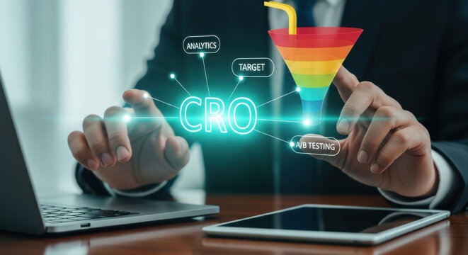 Business professional using laptop interacting with CRO conversion rate optimization interface, digital marketing funnel analytics strategy, user behavior data analysis concept, online business growth