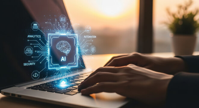 AI integration system connecting data, cloud, automation, API, and analytics through a central AI core, futuristic glowing circuit lines, Holographic UI overlay for business and technology solutions