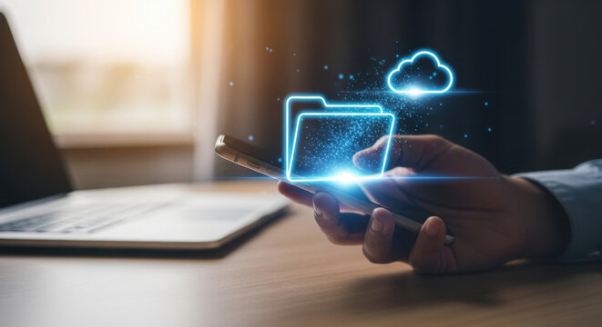 Cloud storage digital folder secure concept, Systematic data storage, access remote backup seamless management, Hand click on digital cloud folder, symbolizing secure online backup, file management