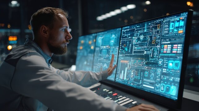 Control Center Operator: A focused male operator monitors complex data on multiple screens in a dimly lit control room, his hand touching the display.