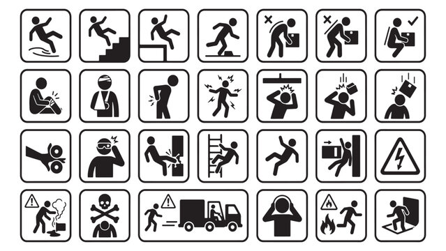 Set of safety warning and occupational hazard signs icons. Work safety symbols including slip and fall, electric shock, falling objects, and manual handling precautions.