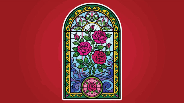 Ornate Gothic Style Stained Glass Window with Pink Roses and Green Leaves Floral Illustration for Interior Decor Graphic Design