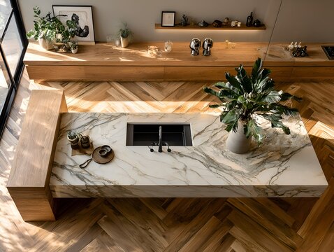 An elevated view showcases a luxurious modern kitchen featu a marble island, herbone wood floors and natural light pou in.