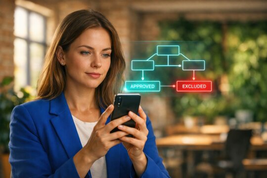 Decision Tree Approval Workflow with Businesswoman Managing Inclusion and Exclusion Criteria in Data Systems  