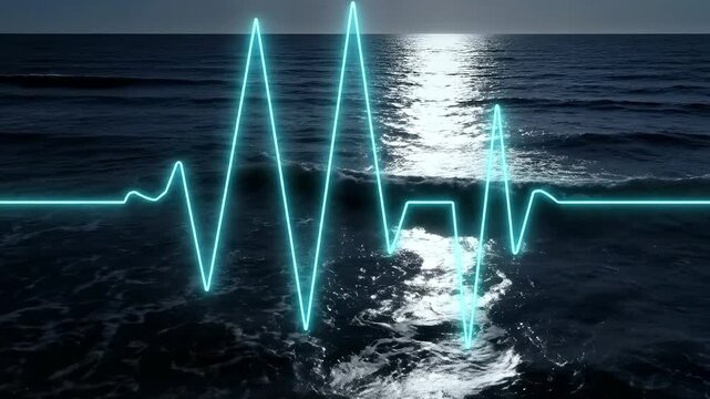 A neon blue ECG heartbeat line superimposed over a dark ocean with sunlight reflecting on the water