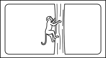 Fototapeta premium Monkey Climbing Tree Trunk in Jungle - Black and White Line Art