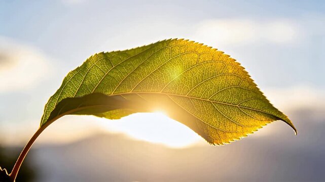 Green leaf vein detail with backlight and blue sky