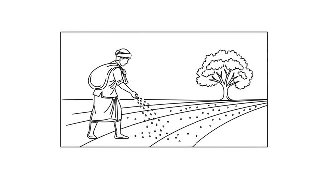 Farmer sowing seeds by hand in a field with a tree in the background, agricultural work