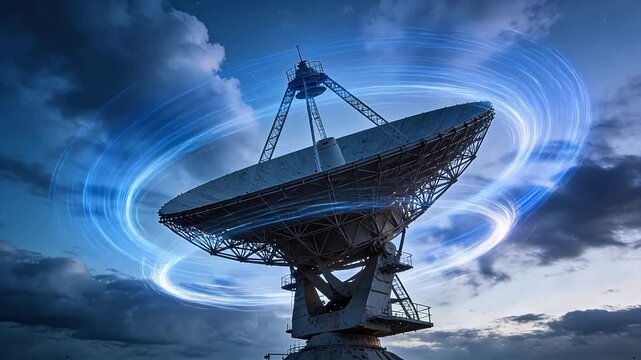Large satellite dish with light trails under cloudy night sky
