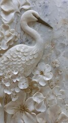 Naklejka premium Close-up of a Crane head in profile. White silk flowers around. Pearlescent marble background. Luxurious 3D sculptural relief